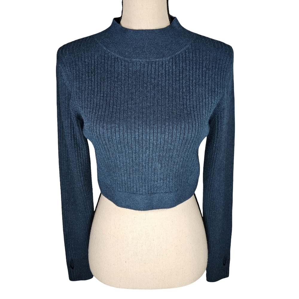 Wild Fable Cropped Mock Neck Long Sleeve Ribbed Sweater, Dark Teal, Large